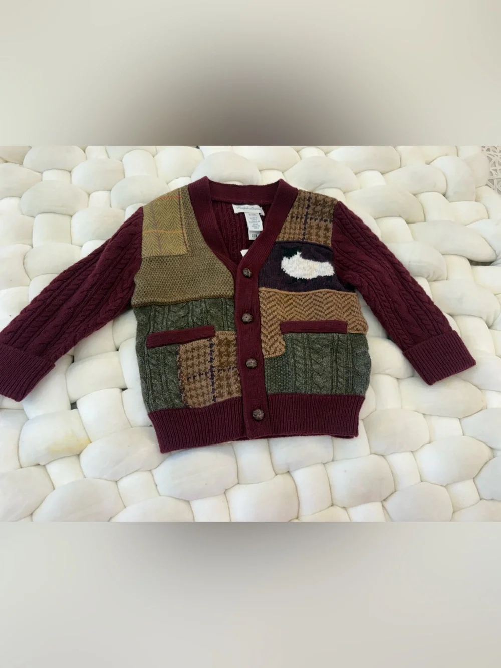 Ralph Lauren Burgundy Patchwork Cable-Knit Cardigan with Sheep Motif